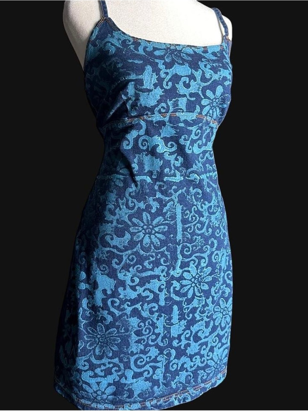 Blue Floral Print Mini Dress - Slim Spaghetti Strap